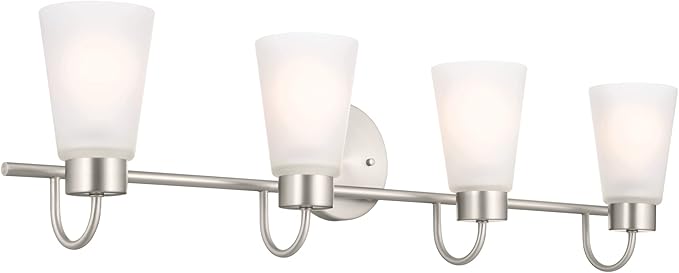 Kichler Erma 4-Light Bathroom Vanity Light Fixture with Clear Satin Etched Glass, Updated Traditional Wall Light in Brushed Nickel, (32.5" x 8.5")