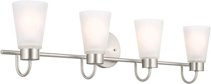 Kichler Erma 4-Light Bathroom Vanity Light Fixture with Clear Satin Etched Glass, Updated Traditional Wall Light in Brushed Nickel, (32.5" x 8.5")