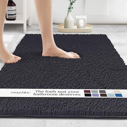 MAYSHINE Plush Shaggy Chenille Bath Mat | Extra Soft, Super Absorbent, Non-Slip Bathroom Rug | Fluffy Microfiber, Area Rug Sets for Bathroom Floor, Kitchen, Living Room | 59"x31" | Black