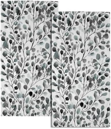 Grey Leaves Hand Towels Set of 2, 14x28 Inch Botanical Boho Gray Green Plant Leaf Absorbent Soft Fingertip Face Tea Towel Cloth for Kitchen Bathroom Gym Hotel Decor