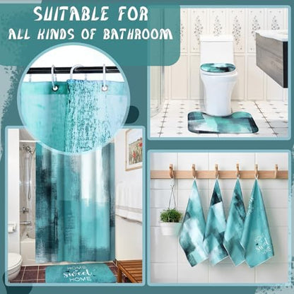 Honoson 8 Pcs Teal Bathroom Shower Curtain Set with Non-Slip Rugs, Towels and Bath Mat, Modern Abstract Turquoise Bathroom Decor Set for Farmhouse Country Summer Housewarming Gifts Decor