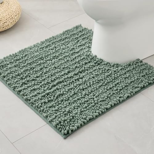 Disolla Toilet Rug 24x24 Inch - Sage Green U-Shaped Bathroom Floor Mat, Soft Shaggy Plush Absorbent Chenille Contour Rug, Non-Slip Washable Pedestal Base Rug