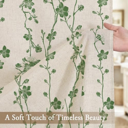 Gibelle Green Farmhouse Linen Shower Curtain, Boho Floral Fabric, 72 x 84