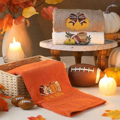 FuWeave 3 Pcs Orange Brown Fall Football Hand Towels for Bathroom