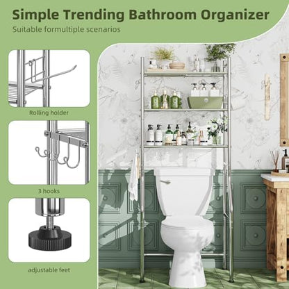 Simple Trending Over The Toilet Rack, Bathroom Shelf with Holder & Hooks