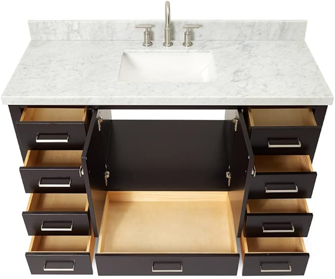 ARIEL Cambridge 54-inch Bathroom Vanity with Sink,Solid Wood, 1.5-inch Italian Carrara Marble Countertop, Single Rectangular Porcelain Sink, 2 Soft Closing Doors, 9 Dovetail Drawers, Espresso