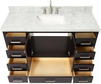 ARIEL Cambridge 54-inch Bathroom Vanity with Sink,Solid Wood, 1.5-inch Italian Carrara Marble Countertop, Single Rectangular Porcelain Sink, 2 Soft Closing Doors, 9 Dovetail Drawers, Espresso