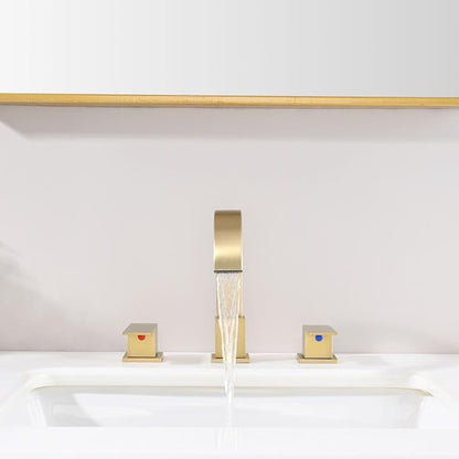 Widespread Brushed Gold Bathroom Faucets, Waterfall Golden Stainless Steel Bathroom Faucet for Sink 3 Hole, Vanity Lavatory Faucets with Drain & Water Hoses, 8 Inch, Lead-Free, 360° Swivel