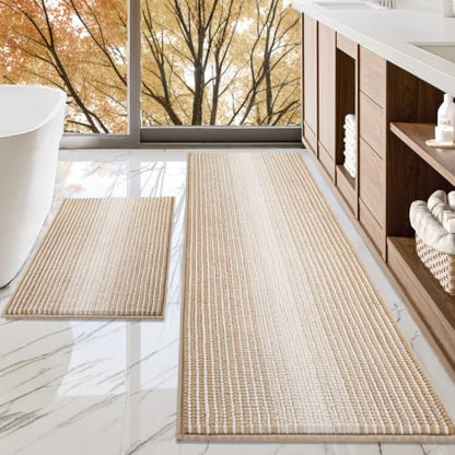 BSICPRO Bathroom Rugs Sets 2 Piece, Non Slip Boho Bath Mats, Beige