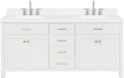 ARIEL Bristol 72-inch Bathroom Vanity with Sink,Solid Wood, 1.5-inch Carrara White Quartz Countertop & Backsplash, Double Rectangular Porcelain Sink, 4 Soft Closing Doors, 4 Dovetail Drawers, White