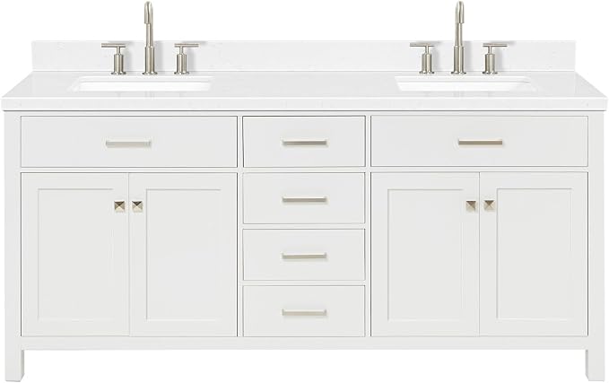 ARIEL Bristol 72-inch Bathroom Vanity with Sink,Solid Wood, 1.5-inch Carrara White Quartz Countertop & Backsplash, Double Rectangular Porcelain Sink, 4 Soft Closing Doors, 4 Dovetail Drawers, White