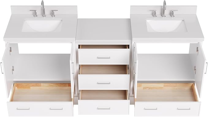 ARIEL Stafford 84-inch Bathroom Vanity with Sink,Solid Wood, 1.5in Pure White Quartz Countertop & Backsplash, Double Rectangular Porcelain Sink, 4 Soft Closing Doors, 5 Dovetail Drawers, White