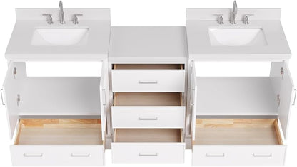 ARIEL Stafford 84-inch Bathroom Vanity with Sink,Solid Wood, 1.5in Pure White Quartz Countertop & Backsplash, Double Rectangular Porcelain Sink, 4 Soft Closing Doors, 5 Dovetail Drawers, White