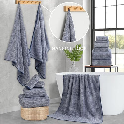 Ultra Soft Bath Towel Set,12 Piece (4 Bath Towels,4 Hand Towels,4 Washcloths) Family Bathroom Towel Set with Hanging Loops,Quick Dry Extra Absorbent Fluffy Shower Towel for Bathroom,Hotel,Spa-Navy