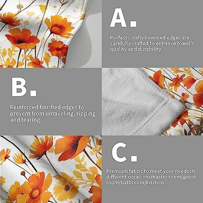 Fall Floral Hand Towels Set of 2, 28 x 14 Inch Autumn Orange Wildflowers Leaves Plant Bathroom Towel Soft Absorbent Kitchen Hotel Spa Gym Towel Thanksgiving Decor Gifts