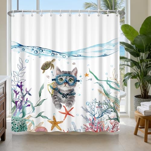 Ocean Theme Waterproof Fabric Shower Curtain with Weighted Hem, Funny Diving Cat Cute Shower Curtain with 12 Hooks and Grommets, Machine Washable Bathroom Shower Curtains, 72x72 Inches