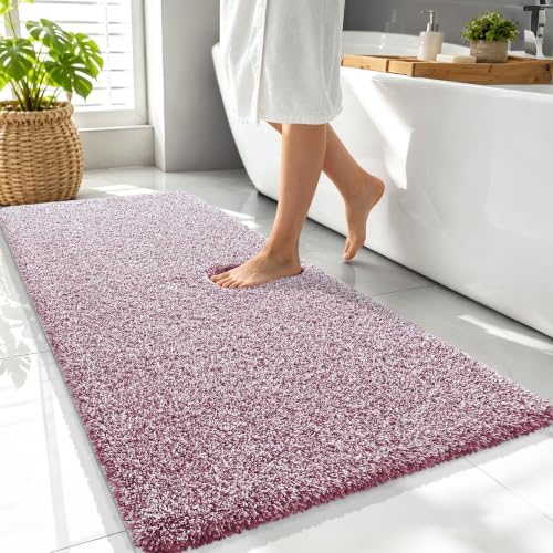 OLANLY Microfiber Bathroom Rugs 47x24, Quick Dry Mat, Burgundy and White