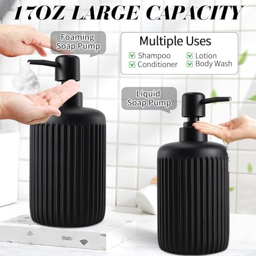 XLHOMO Black Resin Bathroom Accessories Set 5 Pcs, Bathroom Accessory Set Includes Foaming Soap Dispenser, Lotion Soap Dispenser, Toothbrush Holder, Qtip Holder, Soap Dish, for Modern Home Apartment