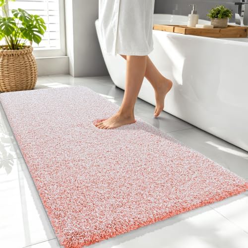OLANLY Microfiber Bathroom Rugs 47x24, Quick Dry Bath Mat, Coral and White