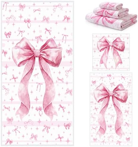 Moukeren Set of 3 Pink Bow Bath Towels, Decorative Towels for Bathroom