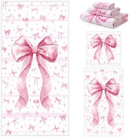 Moukeren Set of 3 Pink Bow Bath Towels, Decorative Towels for Bathroom