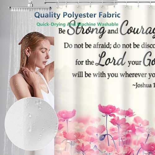 Joshua 1:9 Be Strong and Courageous Shower Curtain with Hooks 72 x 72 Inch