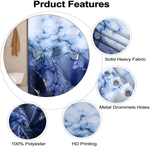 Navy Blue Marble Waterproof Bathroom Shower Curtain 72x72 inches