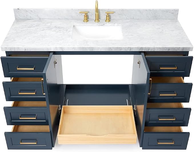 Emilia 60 Inch Bathroom Vanity Single Sink — Midnight Blue Bathroom Vanity with Sink, 1.5" Edge Italian Carrara Marble Countertop, Solid Wood, 2 Soft-Close Doors, 9 Dovetail Drawers