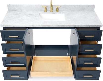 Emilia 60 Inch Bathroom Vanity Single Sink — Midnight Blue Bathroom Vanity with Sink, 1.5" Edge Italian Carrara Marble Countertop, Solid Wood, 2 Soft-Close Doors, 9 Dovetail Drawers