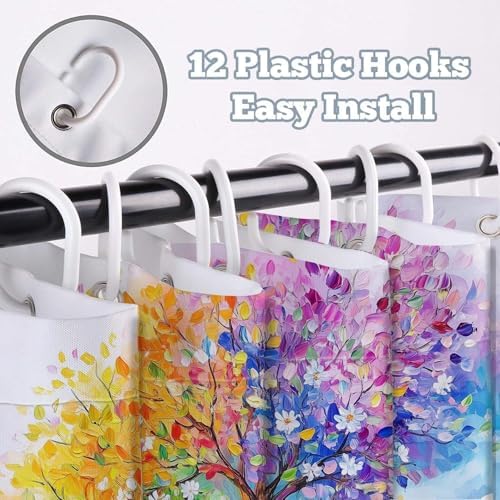 Watercolor Oil Painting Tree Shower Curtains, Colored Seasons Trees Floral Fabric Shower Curtain Set Colorful Abstract Aesthetic Bath Curtain for Bathroom Decor Waterproof Cloth with Hooks 72X84 Inch