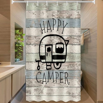 Happy Campers Shower Curtain Retro Rustic Wood Neutral Color For Travel Trailer Camping Motor RV Bathroom Stall Shower Curtain Set, Small Size Waterproof Fabric Shower Cutain, Hooks Include 47x72