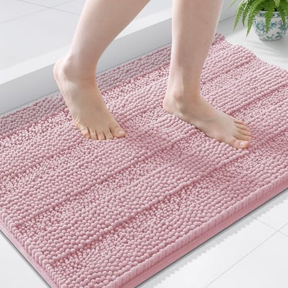 Grandaily Chenille Striped Bathroom Rugs 44x24, Extra Thick and Soft Absorbent Bath Mats, Rubber Backing, Plush Shaggy Shower Carpet, Machine Wash Dry, Bath Rug for Bathroom, Dusty Rose