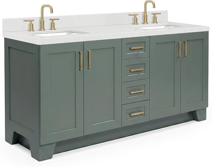 ARIEL Taylor 72-inch Bathroom Vanity with Sink,Solid Wood, 1.5-inch Carrara White Quartz Countertop, Double Rectangular Porcelain Sink, Soft Closing Doors, Dovetail Drawers, Vintage Green