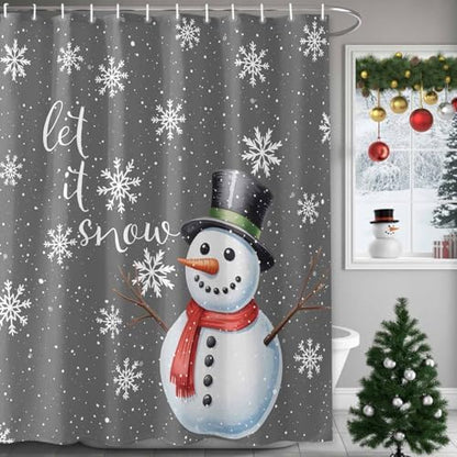 Christmas Snowman Shower Curtain Bathroom Set Xmas Snowflakes Gray Waterproof Shower Curtains with Grommets Hooks Winter Snow Privacy Bath Curtain for Bathtub Decor 72x72in
