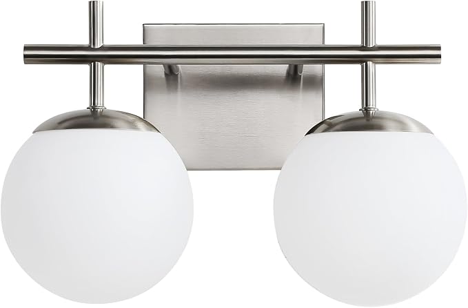 AIJIASI Brushed Nickel Vanity Light for Bathroom, 2-Lights Modern Vanity Lighting with Milky White Frosted Glass Shade, Bathroom Light Fixture Mid Century Wall Sconce (Exclude E26 Bulb)