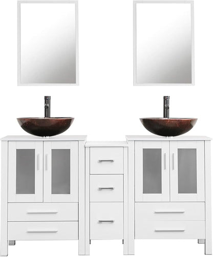 UEV 60" White Bathroom Vanity, Cabinet with Double Sink, 3 Drawers, Modern Design, Vessel Sink Combo & Mirror (UEVA0960WH)