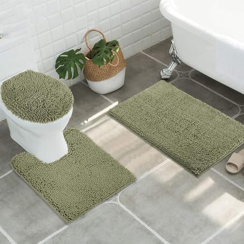 Standard 3pc Set Chenille Bath Mats, Includes 21"x24" U-Shaped Contour Toilet Rug, 21"x34" Inches Bathmat and 1 Toilet Lid Cover, Plush Absorbent Bath Mats Quick Dry, Sage Green