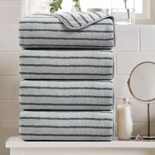 4 Piece Grey Cabana Stripe Large Bath Towels Oversized Bath Sheet Super Soft Breathable Jumbo Bathroom Towels Highly Absorbent Shower Towel Quick Dry Beach Chair Towel Spa Gym Hotel Towel Set