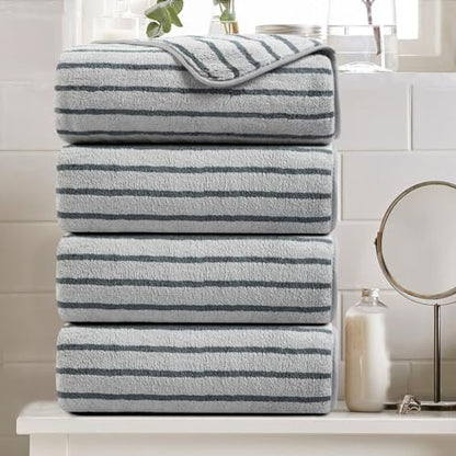 4 Piece Grey Cabana Stripe Large Bath Towels Oversized Bath Sheet Super Soft Breathable Jumbo Bathroom Towels Highly Absorbent Shower Towel Quick Dry Beach Chair Towel Spa Gym Hotel Towel Set