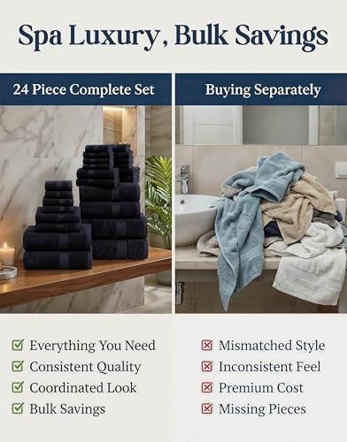 LANE LINEN Bath Towel Set Quick Dry 100% Cotton 24 Piece Soft - Black