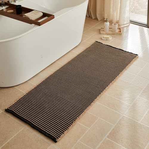 Triohero Waffle Runner Rug Bathroom, Long Boho Bath Mat 24x60 Black & Khaki