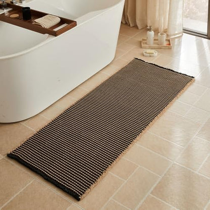 Triohero Waffle Runner Rug Bathroom, Long Boho Bath Mat 24x60 Black & Khaki