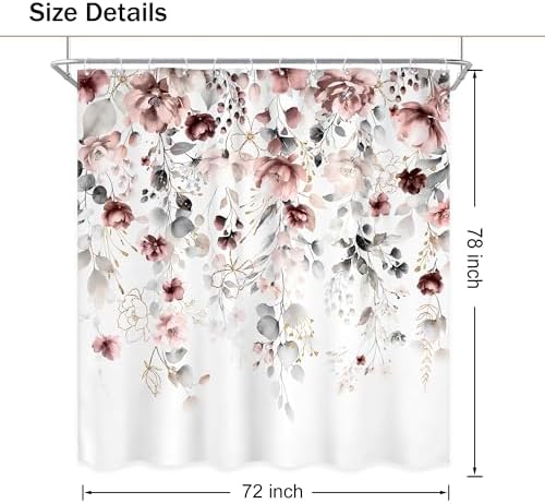 Extra Long Floral Grey Pink Leaves Bathroom Shower Curtain Set