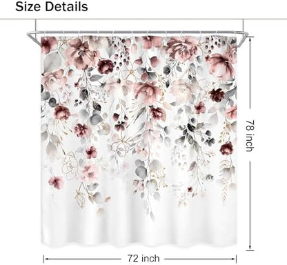 Extra Long Floral Grey Pink Leaves Bathroom Shower Curtain Set