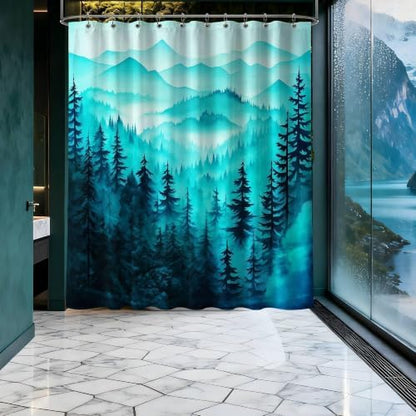 Dark Teal Forest Shower Curtain, 60X72 in, Mountain Rustic Pine Tree