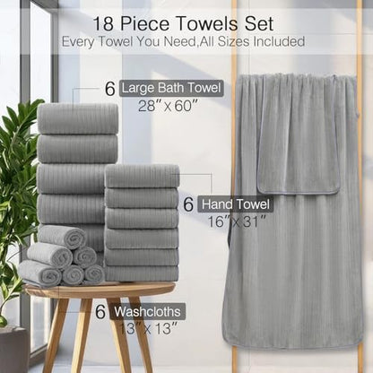 Hailea 18 Piece Family Bath Towel Set Include 6 Bath Towels,6 Hand Towels and 6 Washcloths Soft Bathroom Towel with Hanging Loops,Highly Absorbent Quick Dry Towels Set for Bathroom,Hotel and Spa-Grey