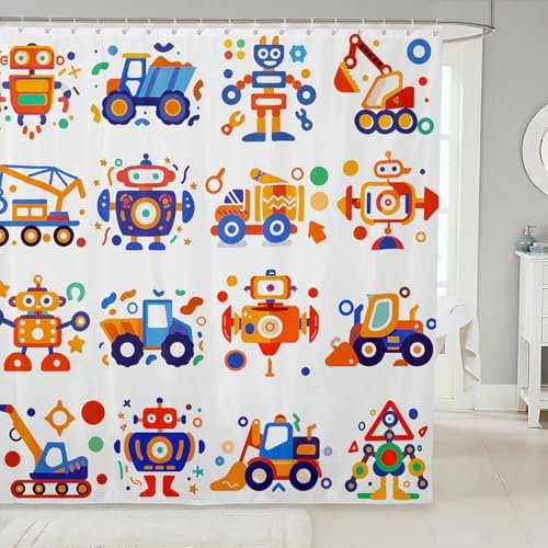 Feelyou Cute Robots Shower Curtain Kids Boys Truck Tractor Excavator Bathroom Waterproof Accessories with 12 Hooks 72x72 Inches Watercolor Machine Equipment Colorful Kawaii Room Decor,Blue Yellow