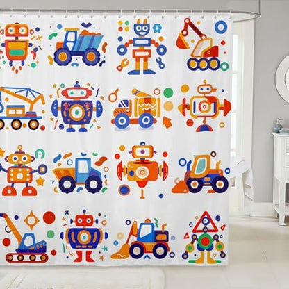 Feelyou Cute Robots Shower Curtain Kids Boys Truck Tractor Excavator Bathroom Waterproof Accessories with 12 Hooks 72x72 Inches Watercolor Machine Equipment Colorful Kawaii Room Decor,Blue Yellow