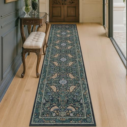 Washable 2x10 Extra Long Runner Rugs for Hallyway - Blue and Green Low Plie Indoor Rugs for Entryway, Floral Non Skid Waterproof Kitchen Floor Mats, Nature Leaf & Bird Décor