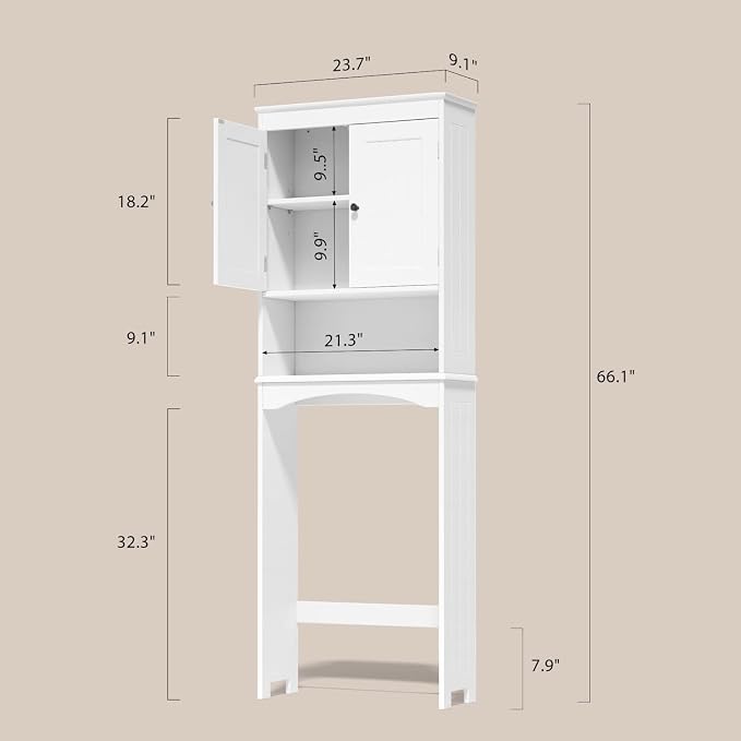 Gizoon Over the Toilet Storage Cabinet with Adjustable Shelf, White | Bathroom Space Saver Organizer Above Toilet with Open Shelf and Double Doors, Taller Wooden Free Standing Toilet Rack